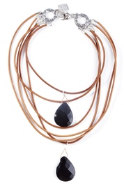 Black Onyx Stones on Tan Leather Necklace 