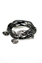 Braided Leather Wrap with Metal Charms in Black