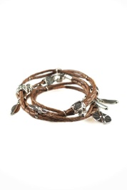 Braided Leather Wrap with Metal Charms in Tan  