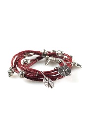 Braided Leather Wrap with Metal Charms in Red  