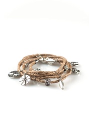 Braided Leather Wrap with Metal Charms in Beige  