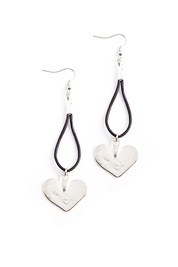 Black Leather and Silver Heart Earrings