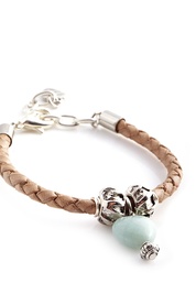 Beige Braided Leather Bracelet with Aqua Agate Heart