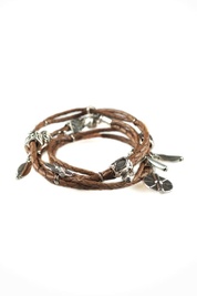 Braided Leather Wrap with Metal Charms in Tan  